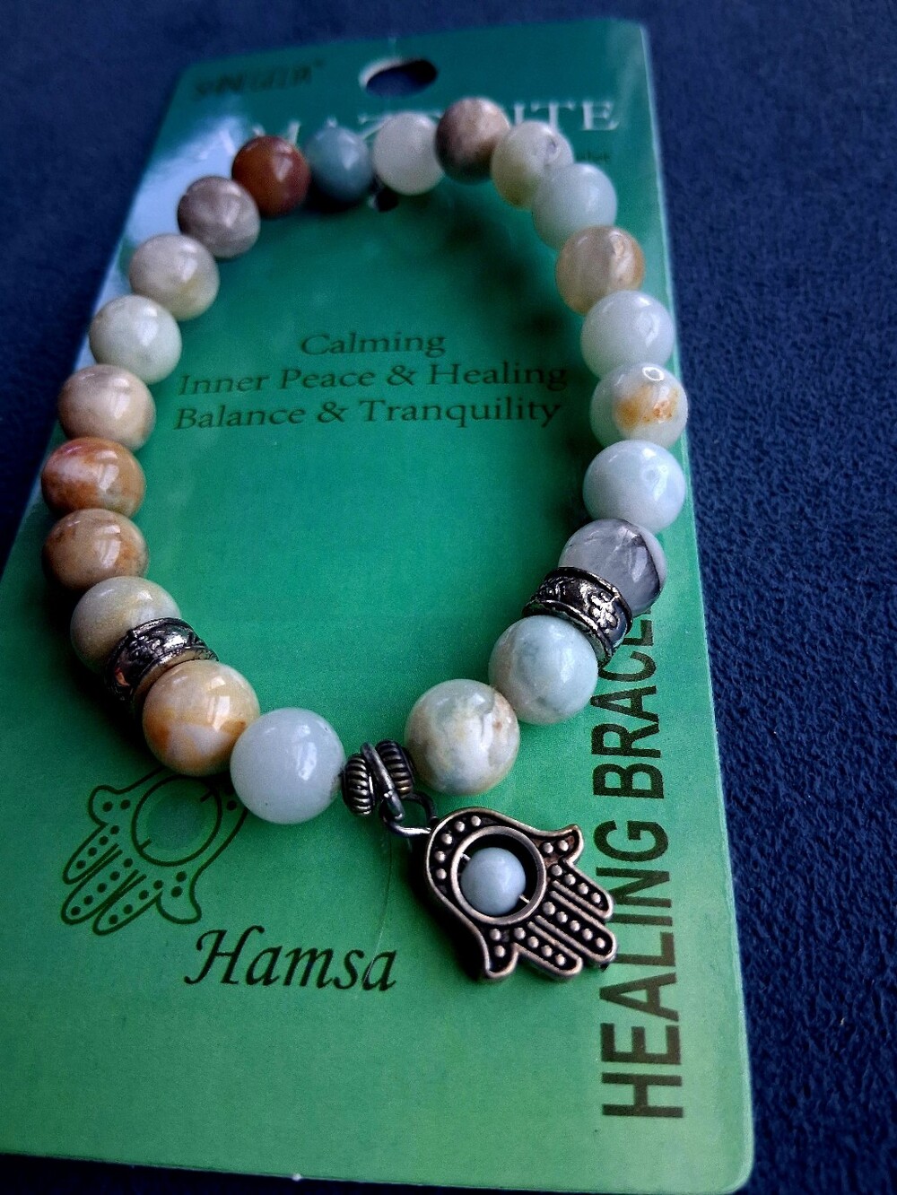 Amazonite Stone Healing Bracelet,Earth Tones w/ Silver Hamsa Charm.NWT!